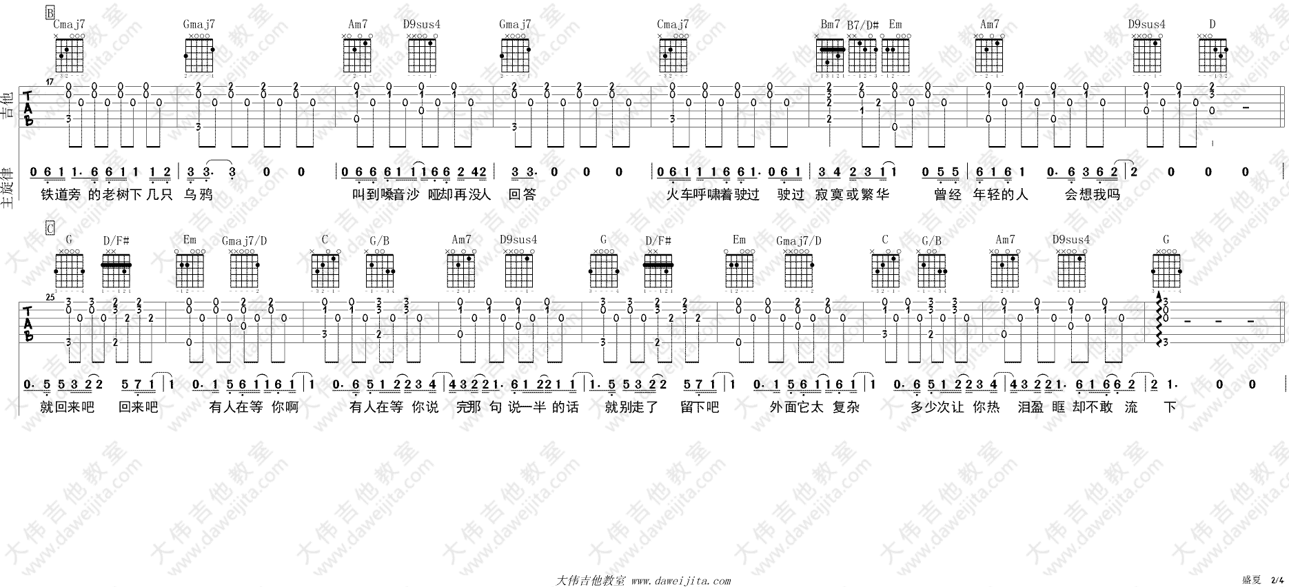 盛夏吉他谱_毛不易_G调原版六线谱__盛夏_吉他弹唱谱