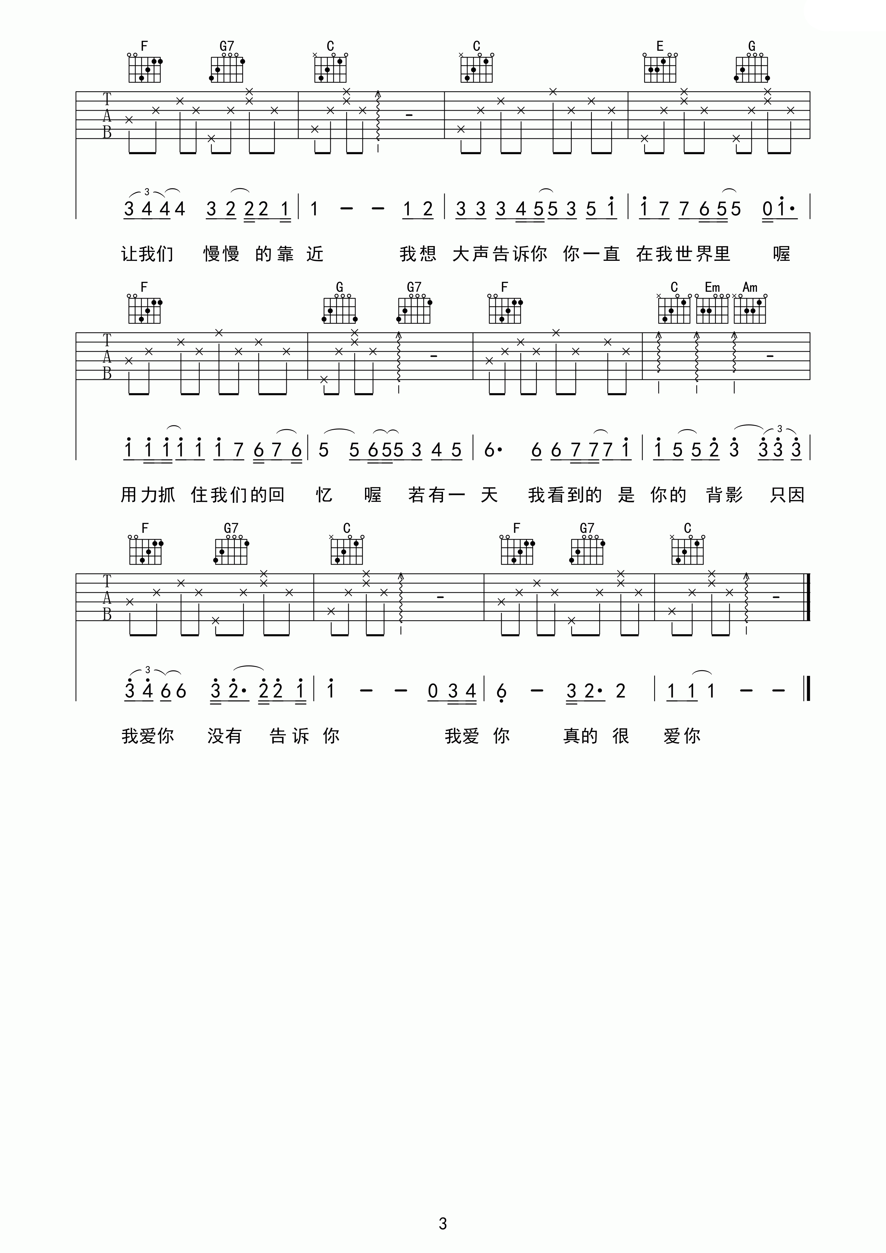 我想大声告诉你吉他谱_C调高清版_棊江翼森琴行编配_樊凡