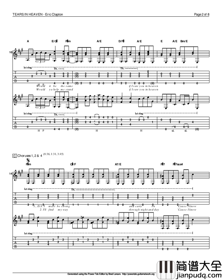 泪洒天堂指弹谱_原调六线谱_精选版_Eric_Clapton