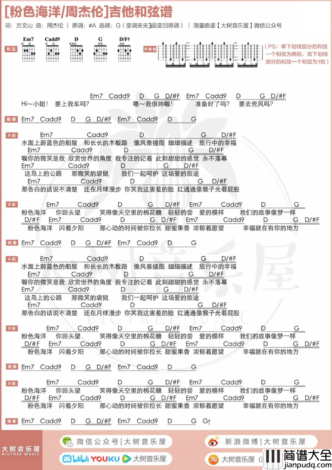 粉色海洋吉他谱_周杰伦_G调扫弦原版_吉他演示教学