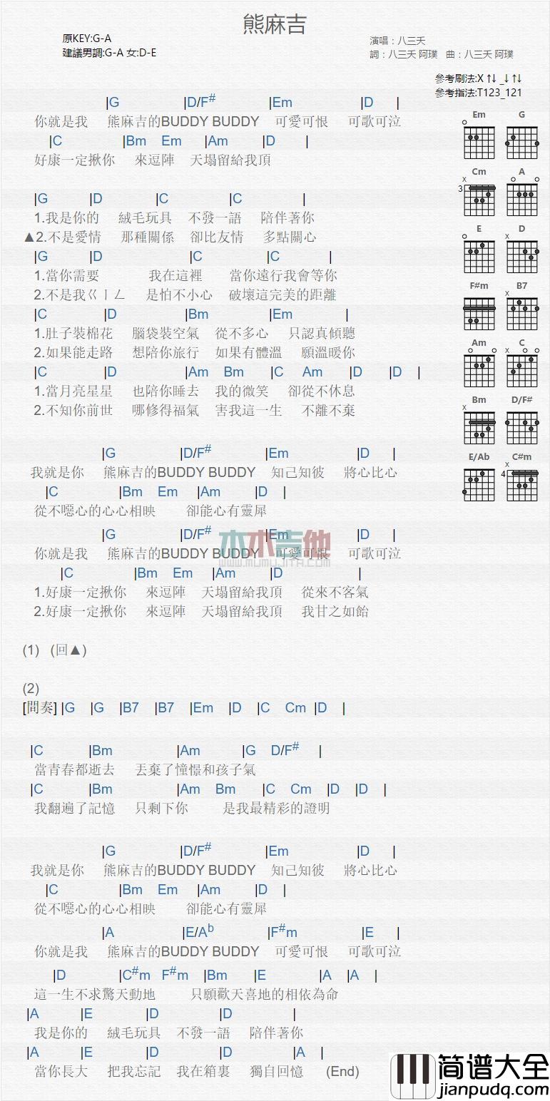 熊麻吉_吉他谱_八三夭