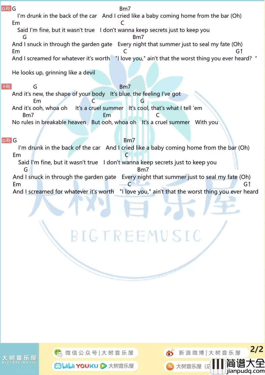 Cruel_Summer吉他谱_G调_大树音乐屋编配_Taylor_Swift