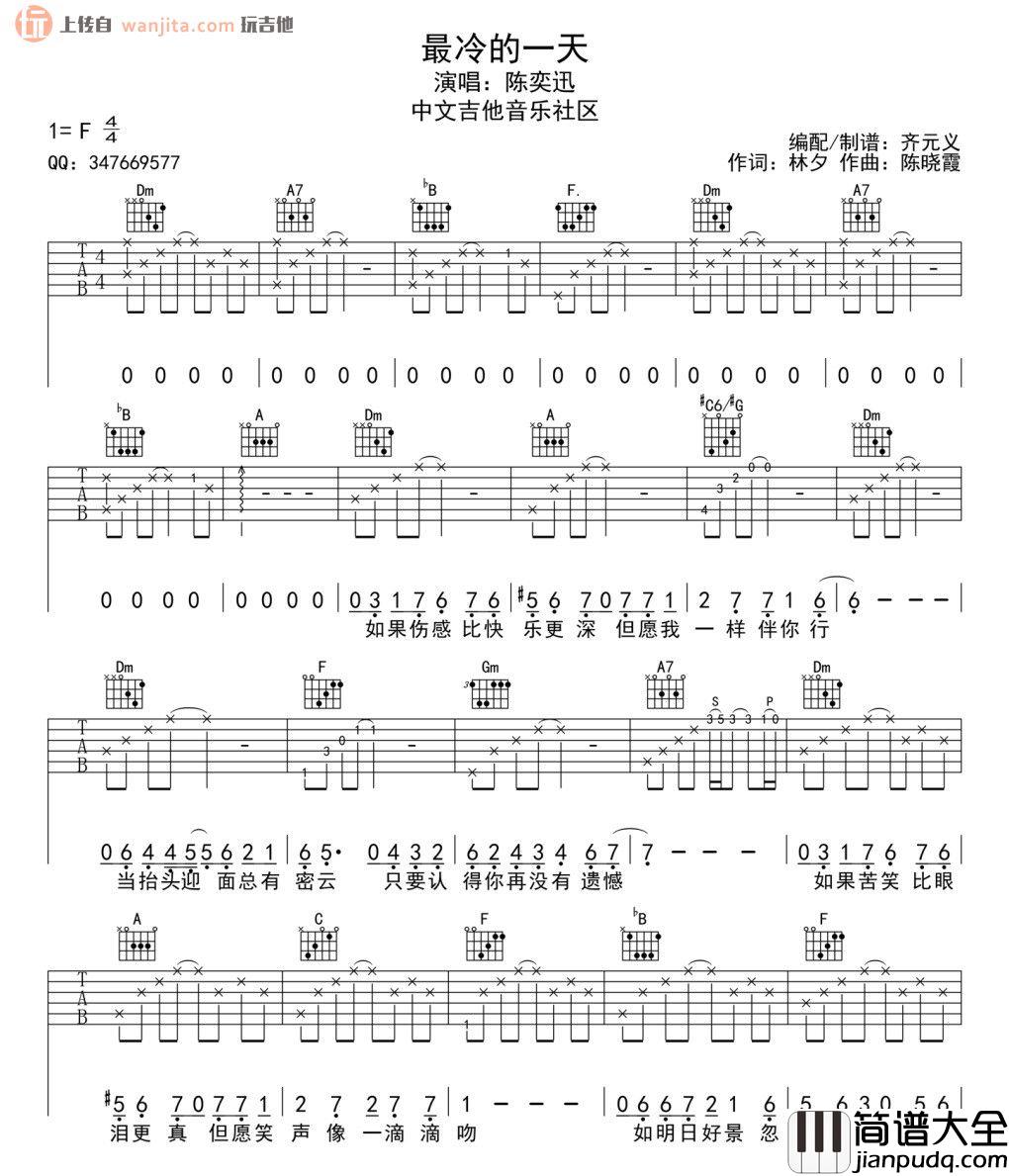 最冷一天吉他谱_陈奕迅_F调原版六线谱_吉他弹唱谱