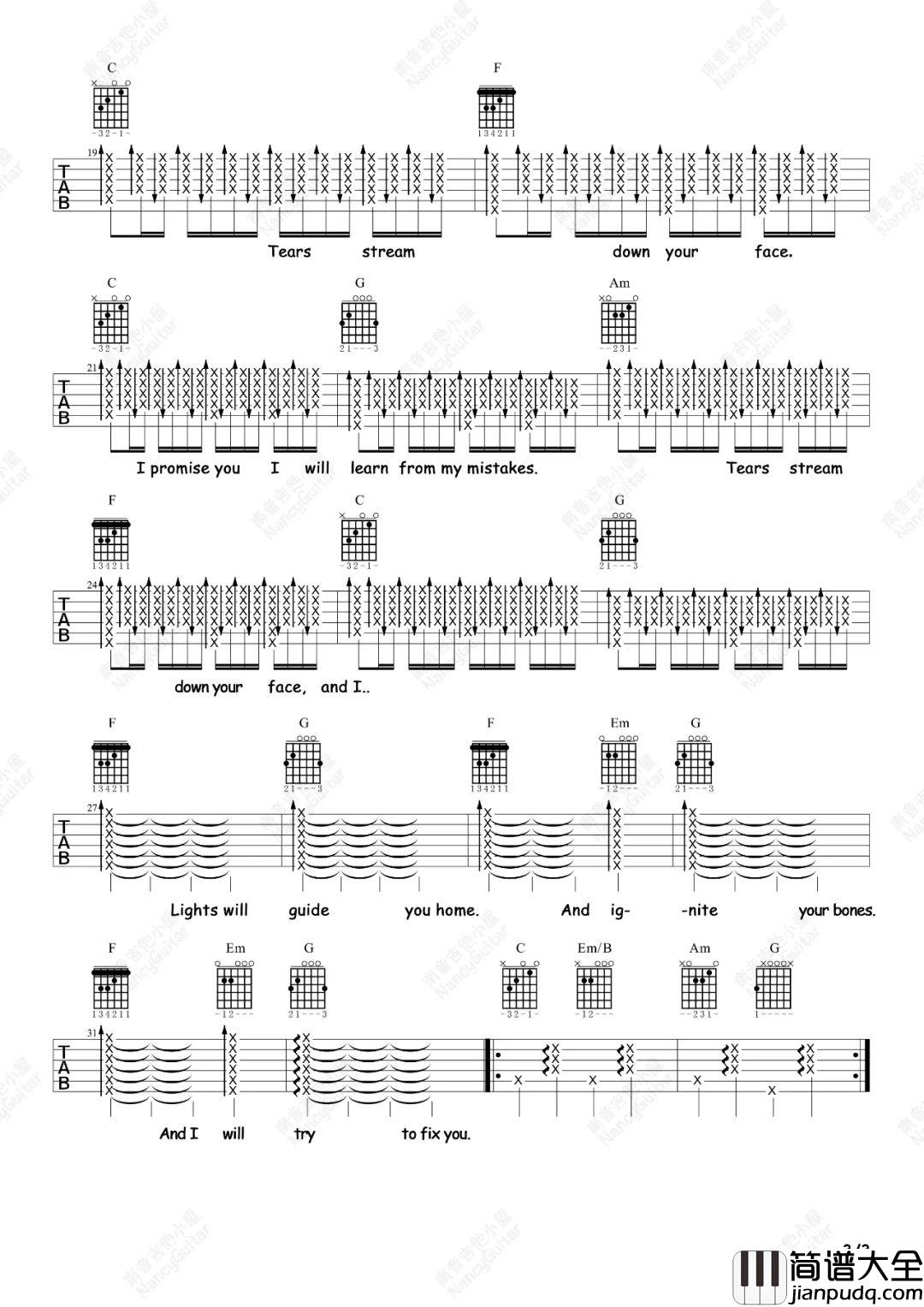 Fix_You吉他谱_Coldplay_C调原版六线谱_吉他弹唱教学