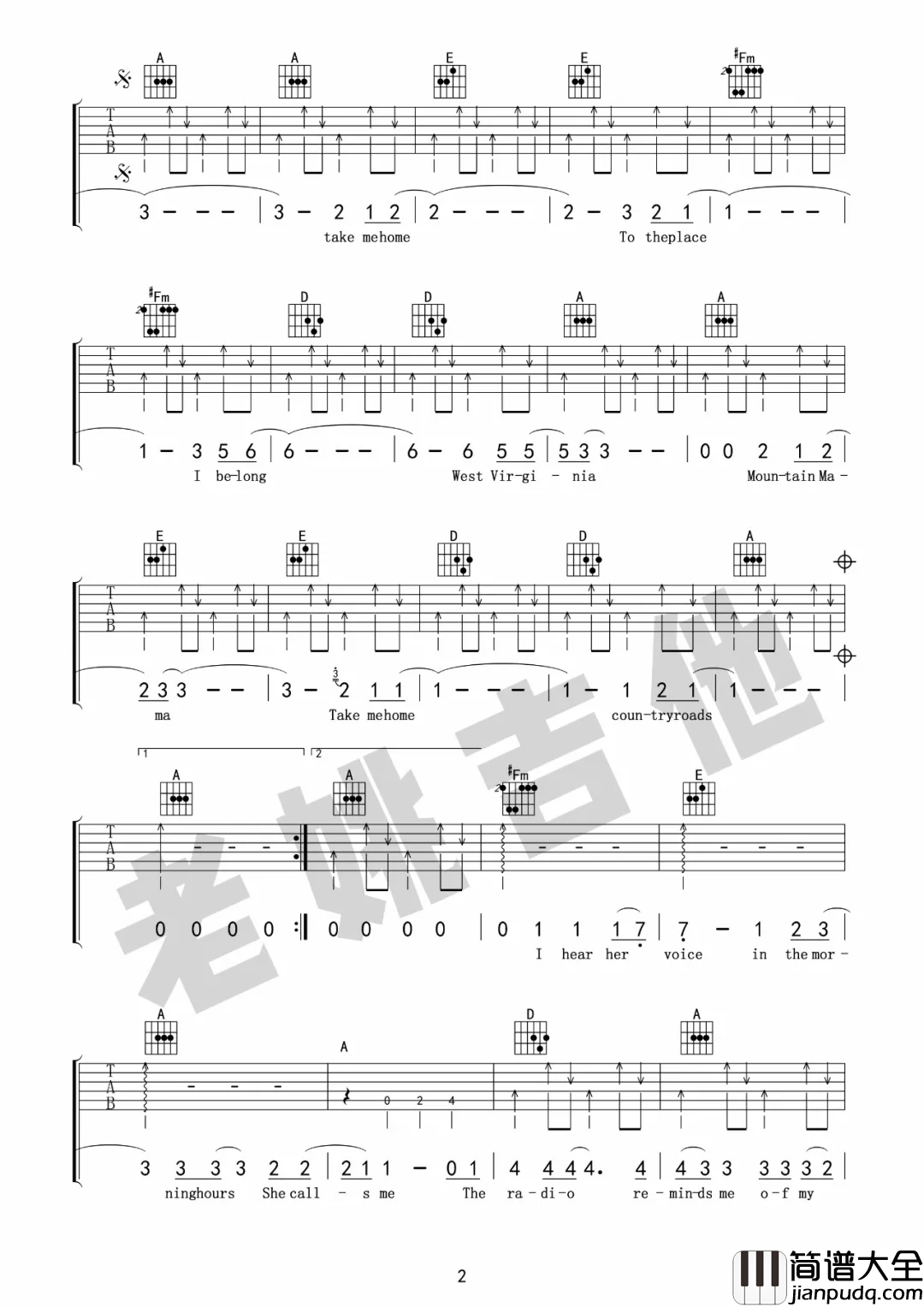 Take_Me_Home_Country_Roads吉他谱_A调_老姚吉他编配_John_Denver