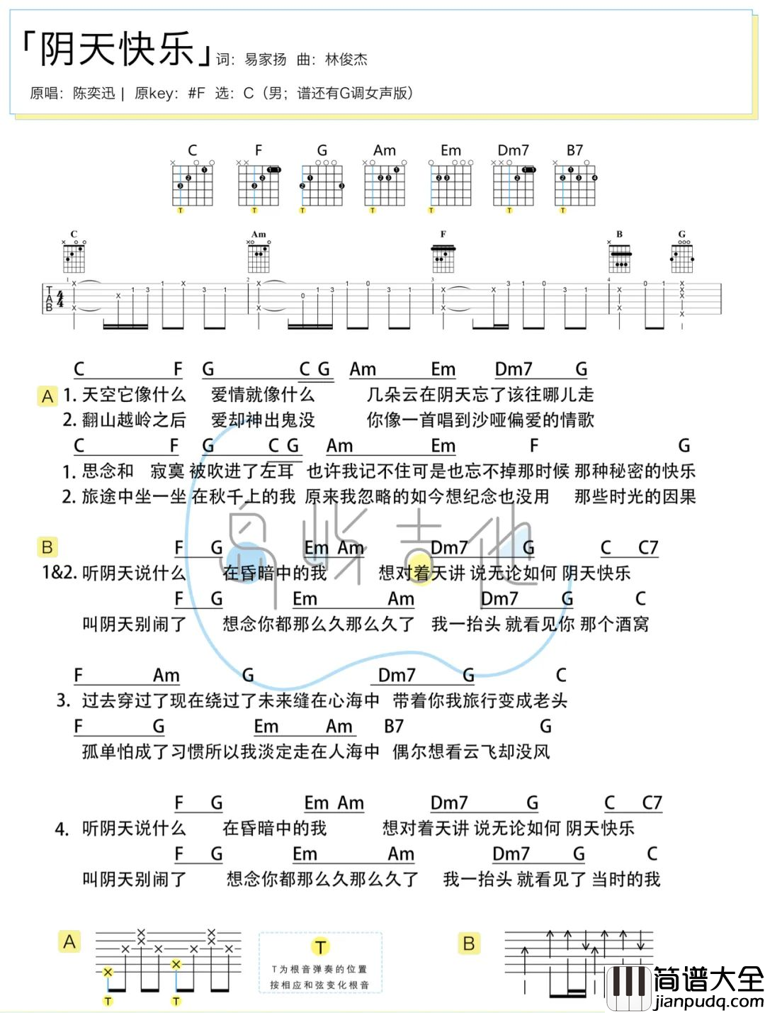 阴天快乐吉他谱_陈奕迅_G调男女原版_附女生演示教学