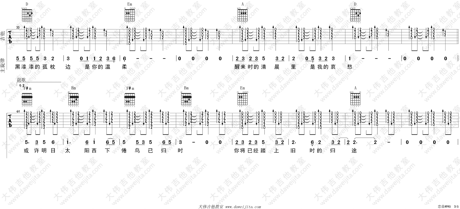 罗大佑_恋曲1990_吉他谱_D调指法吉他弹唱谱