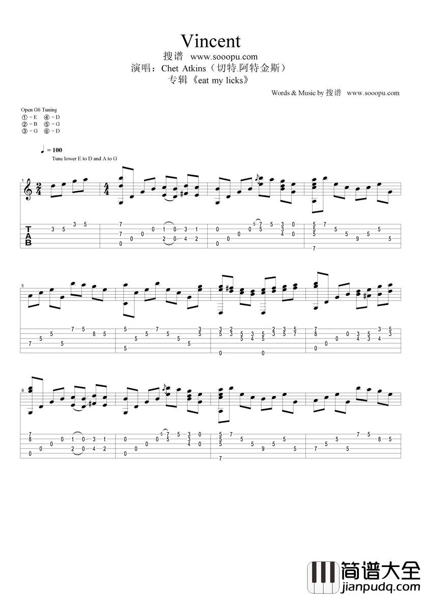 vincent指弹谱_原调六线谱_搜谱网编配_Chet_Atkins