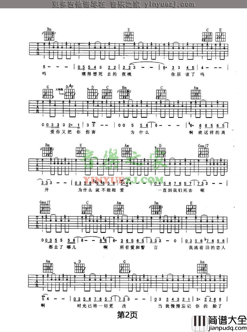 我爱你再见吉他谱_G调扫弦版_音乐之家编配_朴树