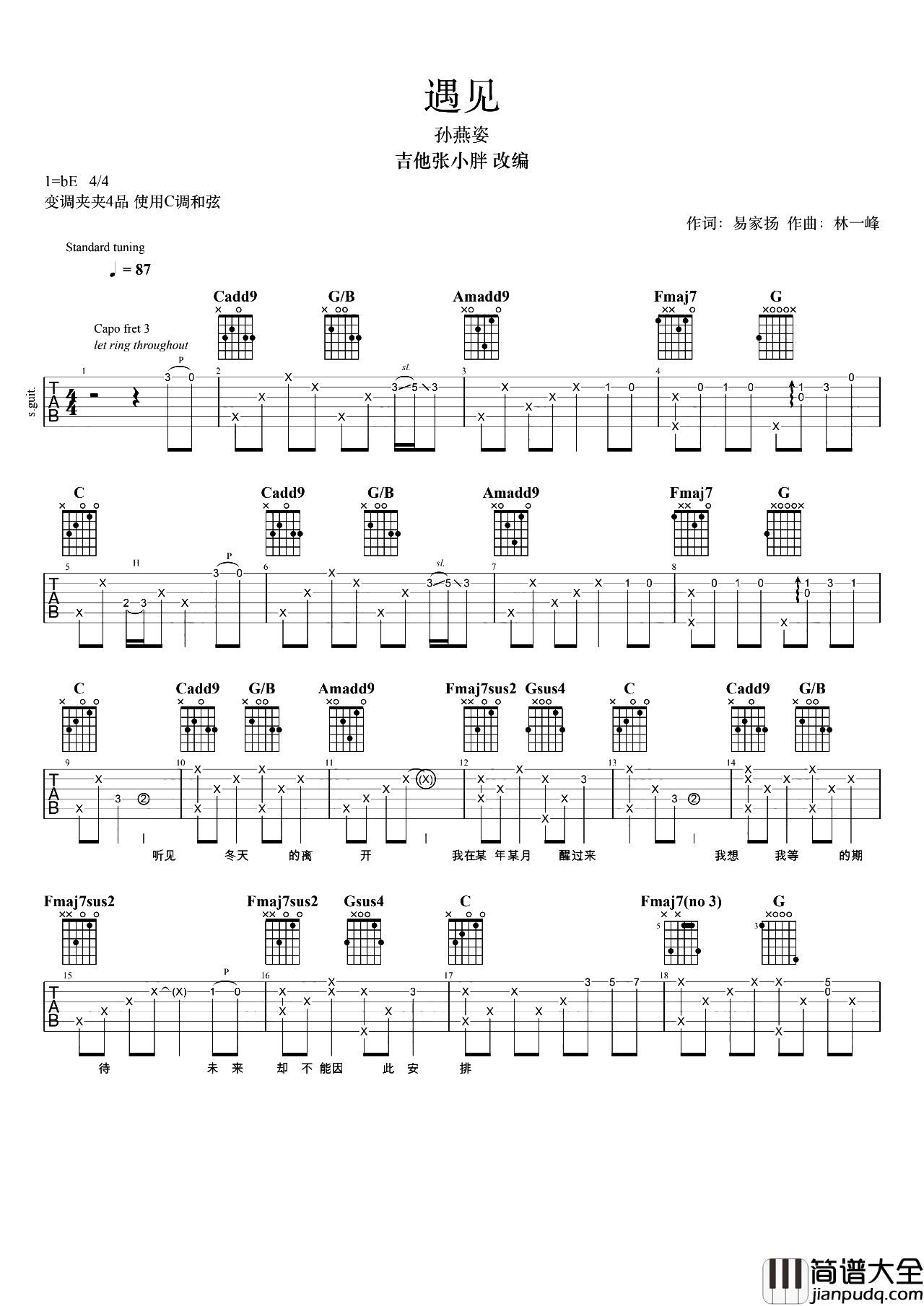 遇见吉他谱_孙燕姿_C调超原版_附男生弹唱演示
