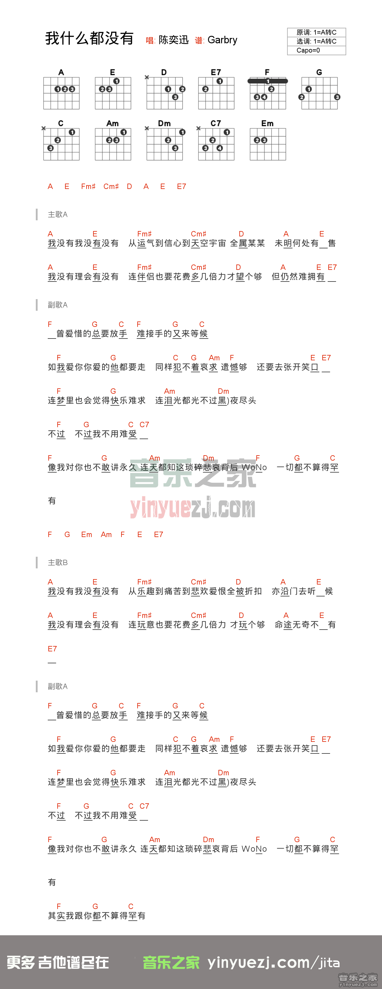 我什么都没有吉他谱_C调和弦谱_音乐之家编配_陈奕迅
