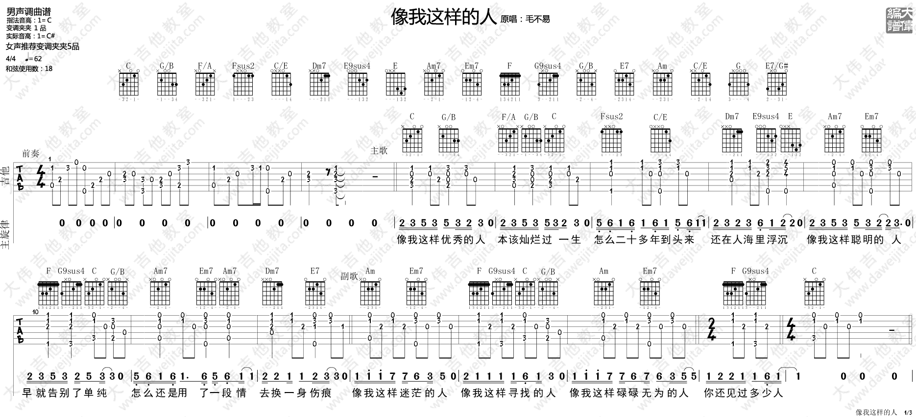 像我这样的人吉他谱_毛不易_C调原版六线谱_吉他弹唱教学