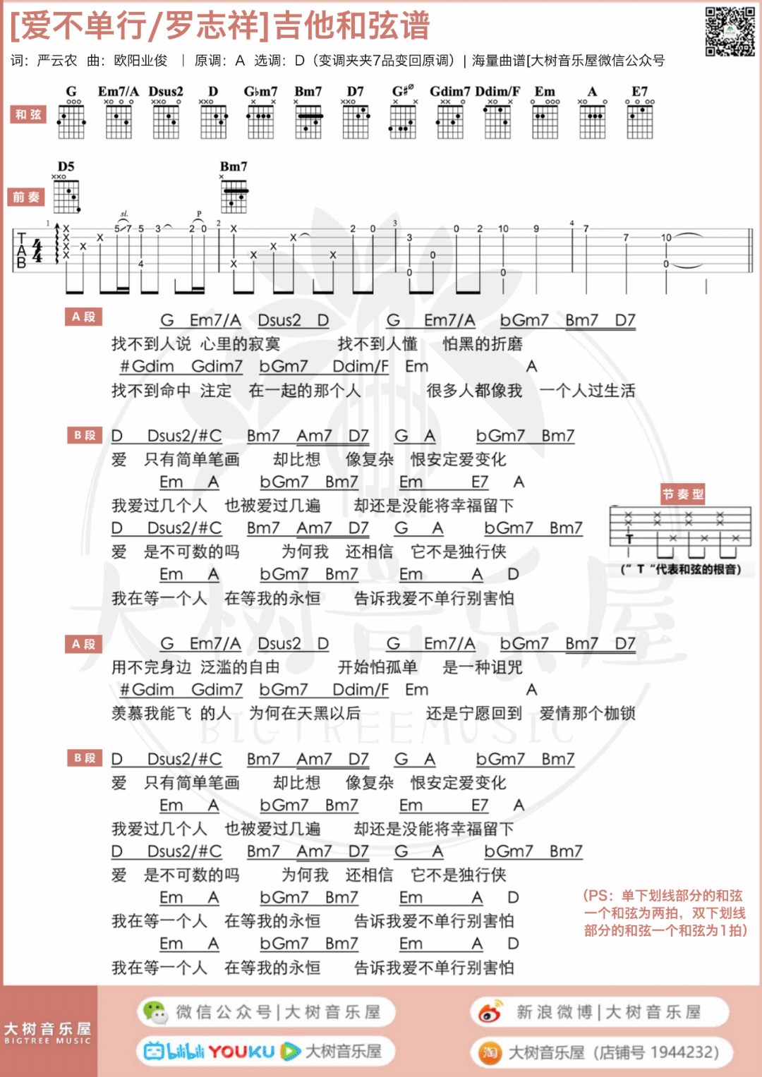 爱不单行吉他谱_罗志祥_D调原版六线谱_吉他弹唱教学