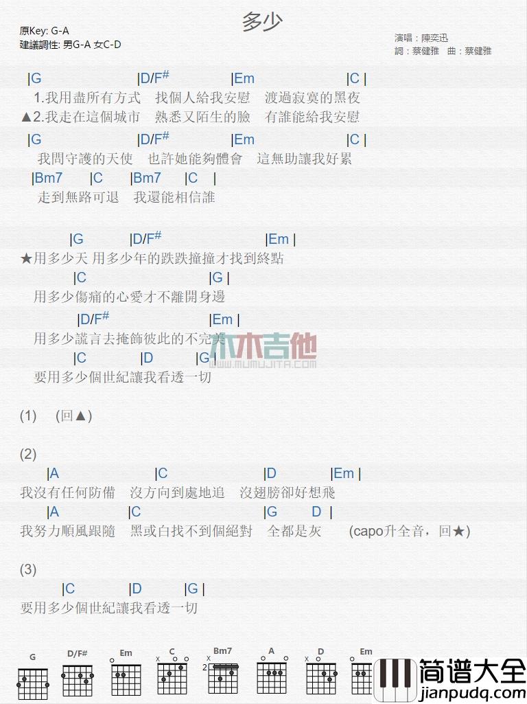 多少吉他谱_G调和弦谱_木木吉他编配_陈奕迅