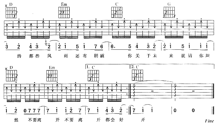 朴树_在希望的田野上_吉他谱_G调指法吉他谱