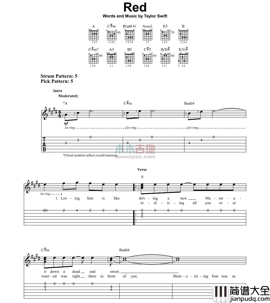 red吉他谱_G调_木木吉他编配_Taylor_Swift
