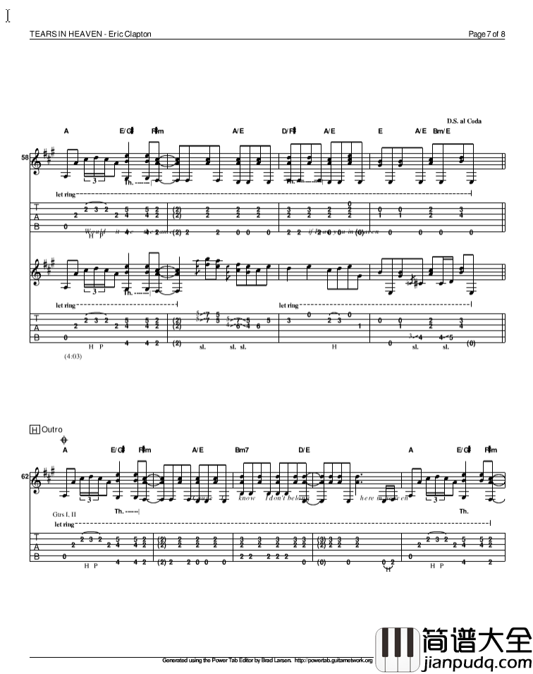 泪洒天堂指弹谱_原调六线谱_精选版_Eric_Clapton