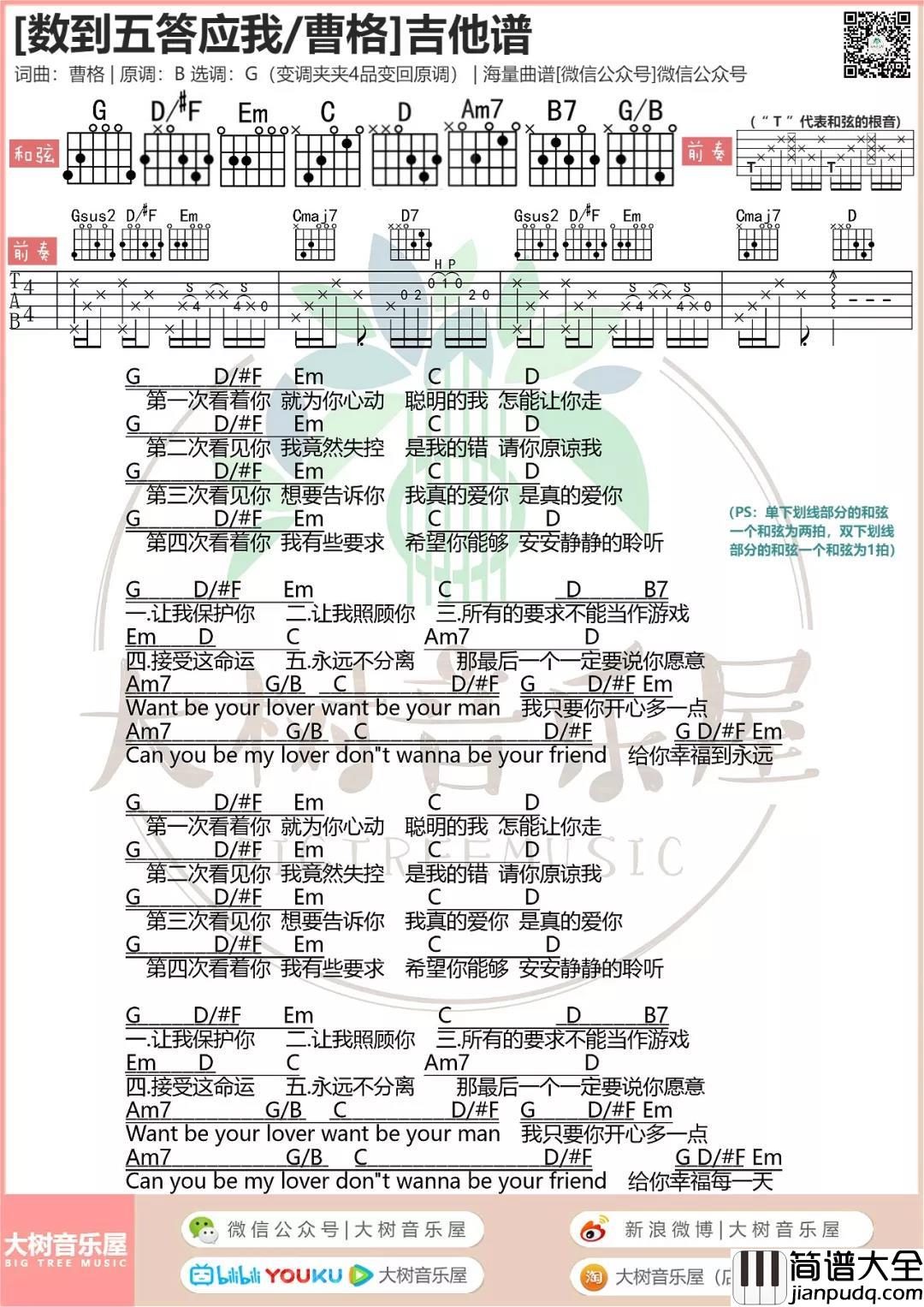 数到五答应我吉他谱_G调附前奏_大树音乐屋编配_曹格