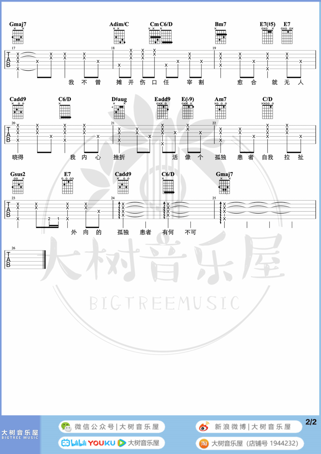 孤独患者吉他谱_陈奕迅_G调六线谱/和弦谱_吉他弹唱教学