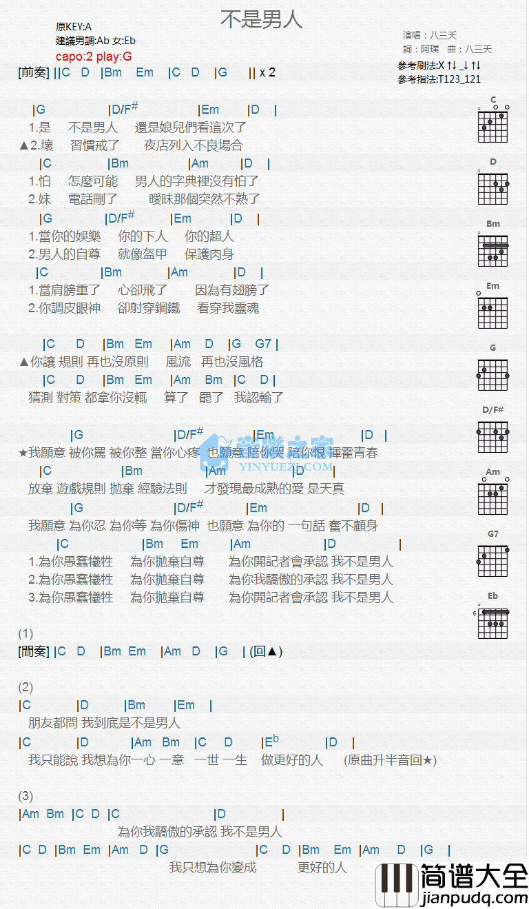 不是男人吉他谱_G调和弦谱_音乐之家编配_八三夭