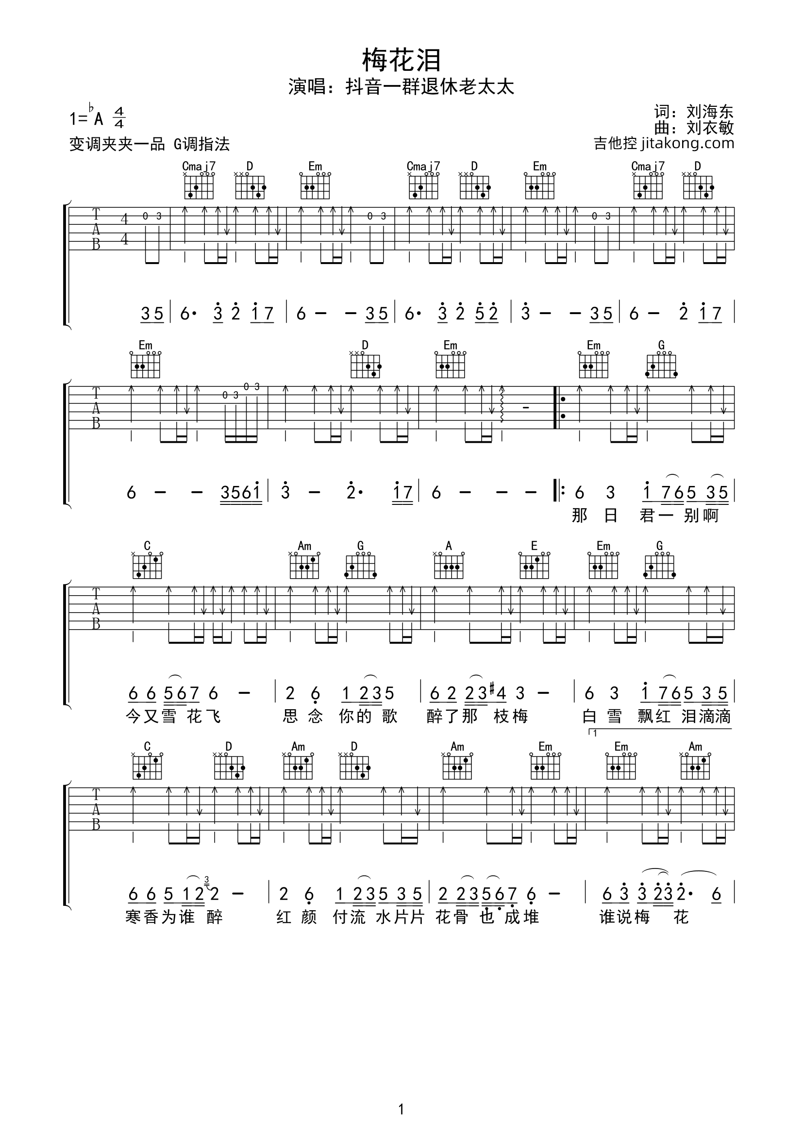 梅花泪吉他谱_抖音一群老太太_G调原版弹唱谱_图片谱