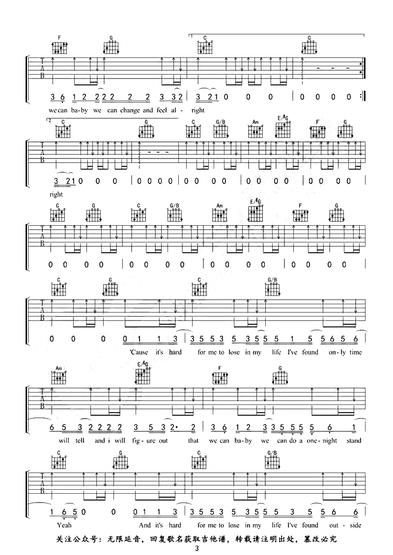 Free_Loop吉他谱_Daniel_Powter_C调弹唱六线谱