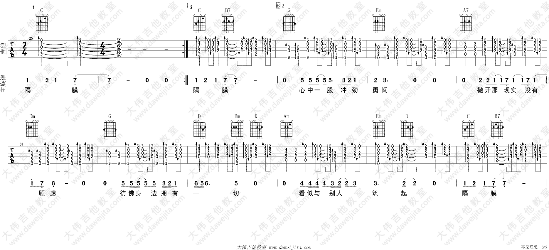 _再见理想_吉他谱_G调超原版六线谱_吉他教学视频_Beyond