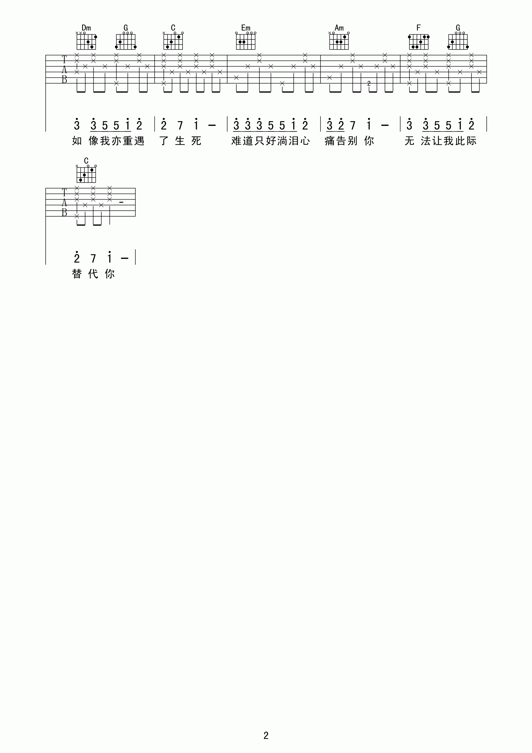 甘心替代吉他谱_C调高清版_黑蜘蛛吉他编配_郑伊健