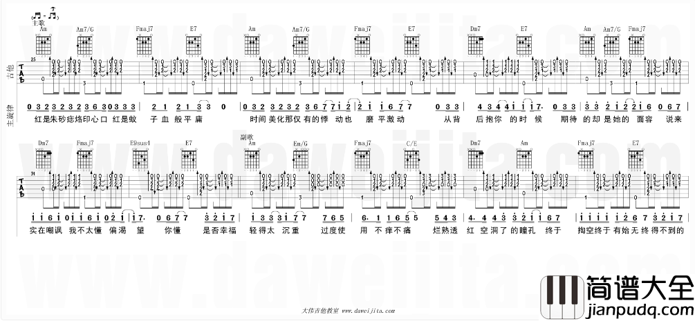 白玫瑰吉他谱_C调精选版_大伟吉他教室编配_陈奕迅