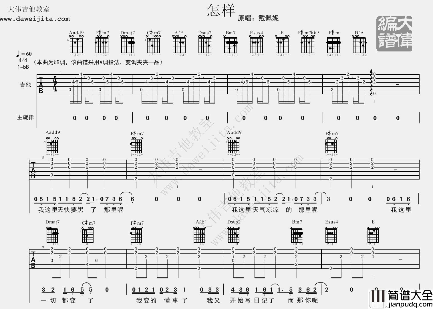 怎样吉他谱_戴佩妮__怎样_A调原版六线谱_吉他弹唱谱