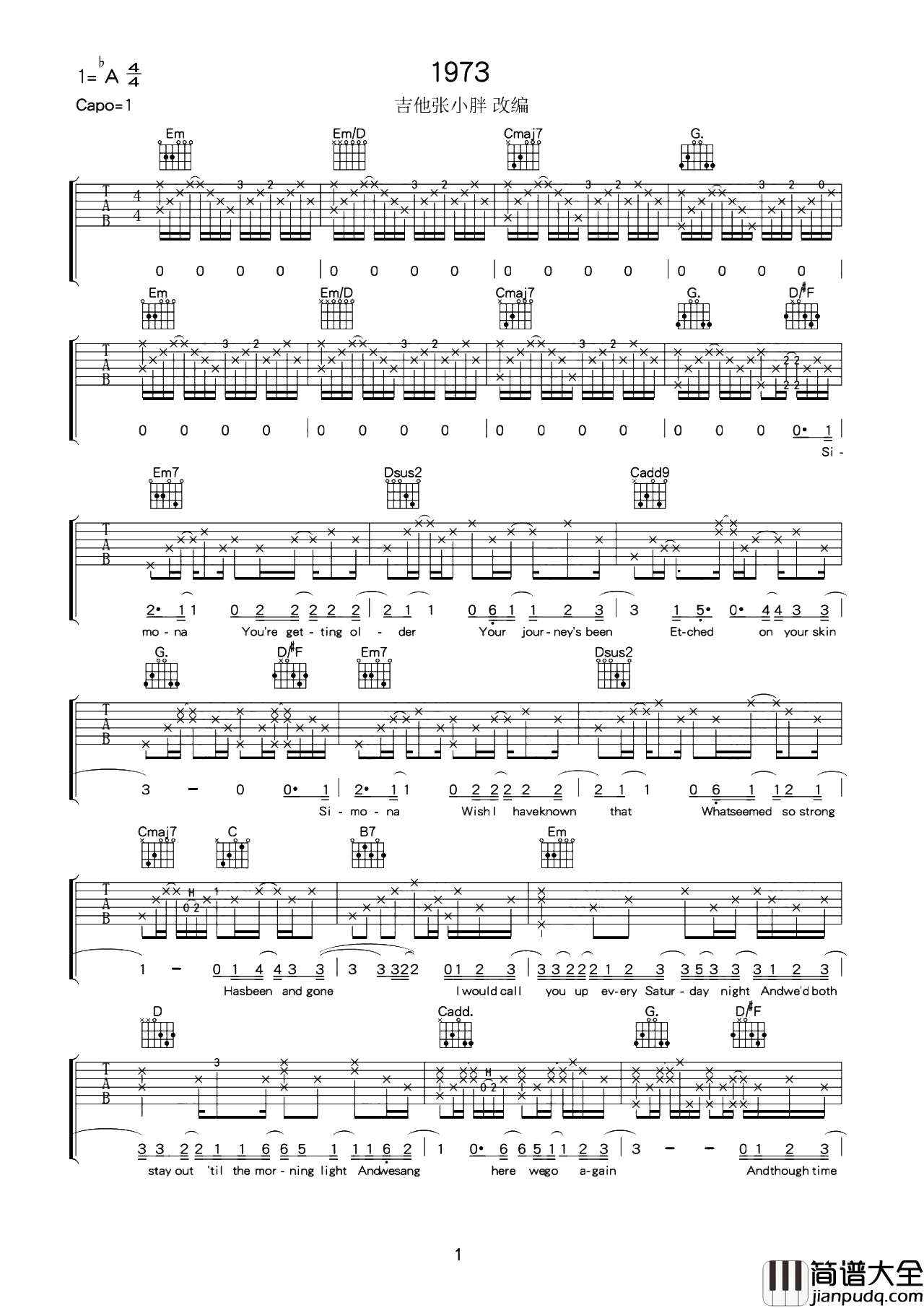 1973吉他谱_James_Blunt_G调原版图片谱_吉他弹唱演示
