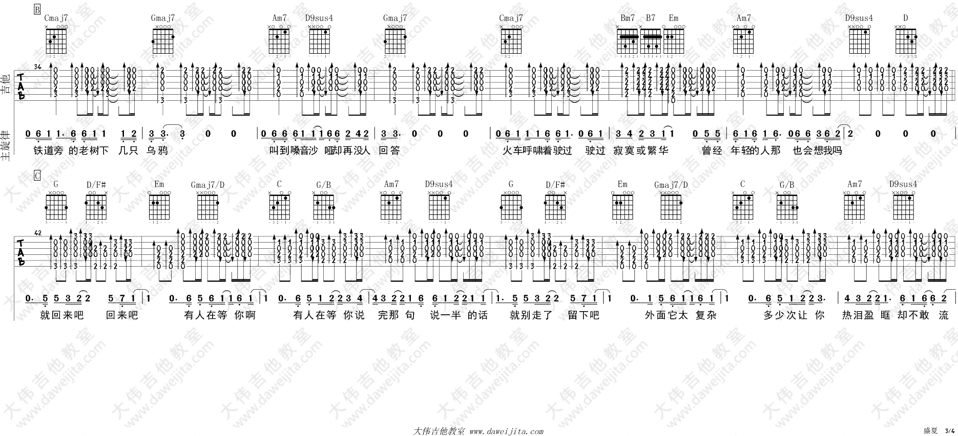 盛夏吉他谱_毛不易_G调原版六线谱__盛夏_吉他弹唱谱