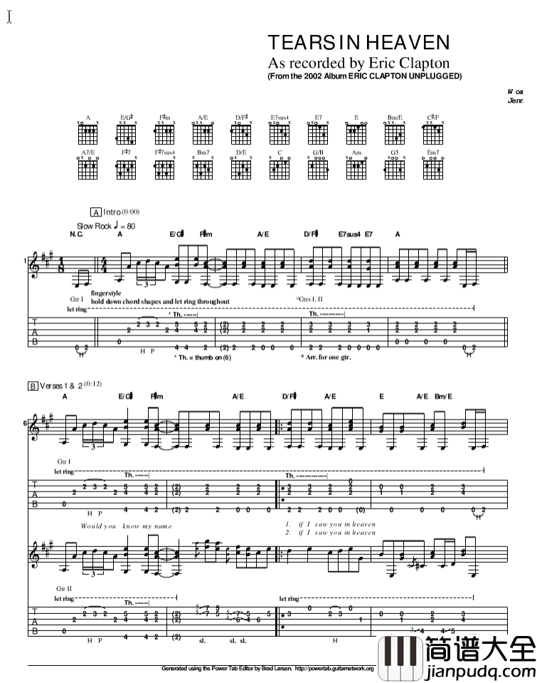 泪洒天堂指弹谱_原调六线谱_精选版_Eric_Clapton