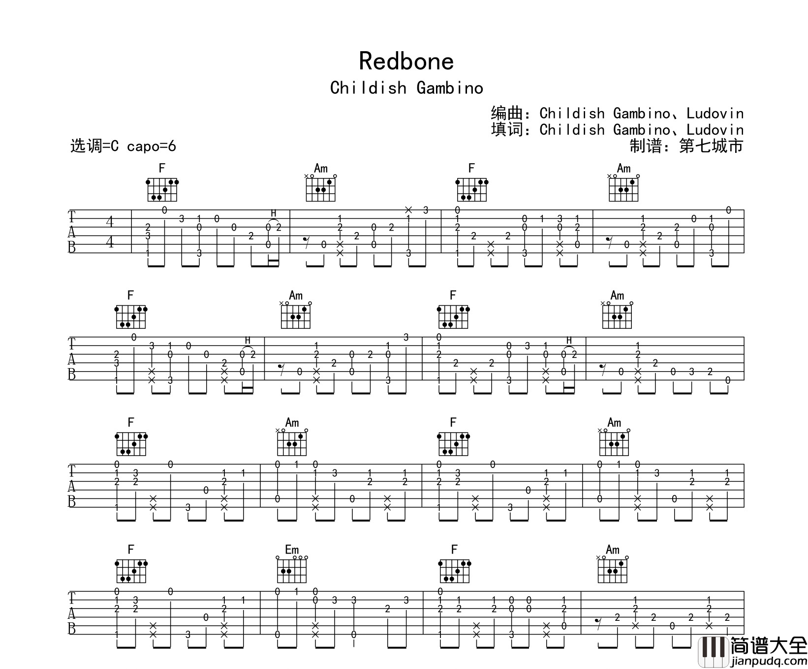 Redbone吉他谱_Childish_Gambino_C调吉他六线谱