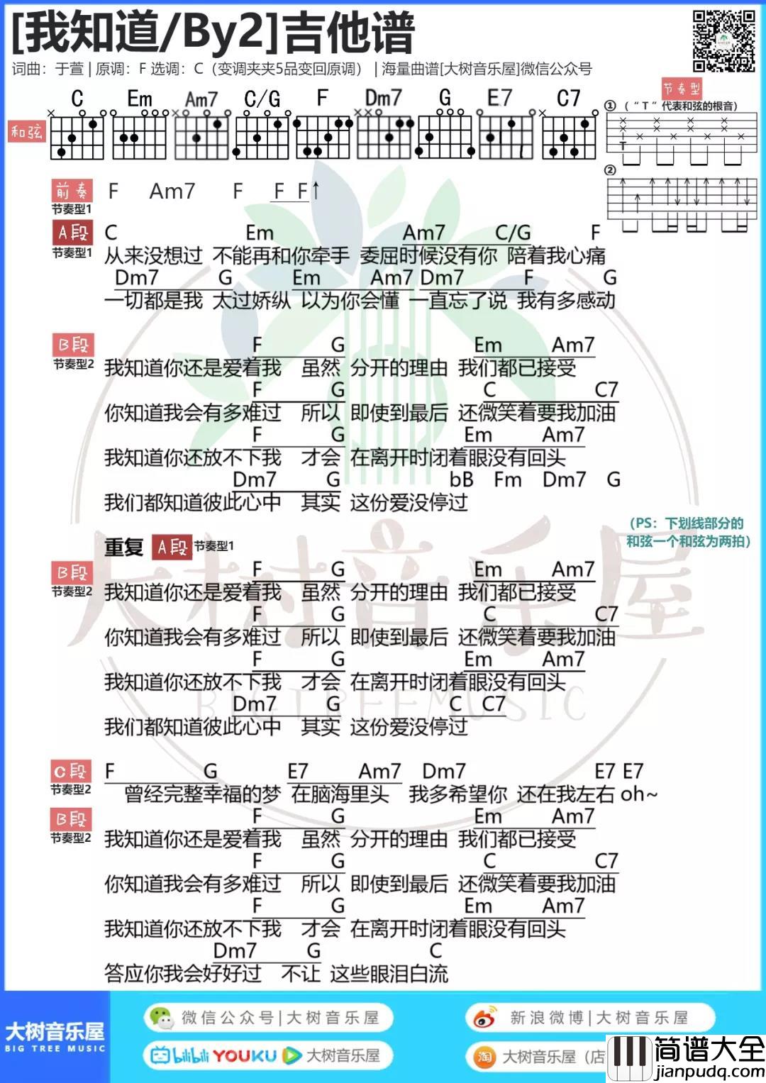 我知道吉他谱_C调和弦谱_大树音乐屋编配_BY2