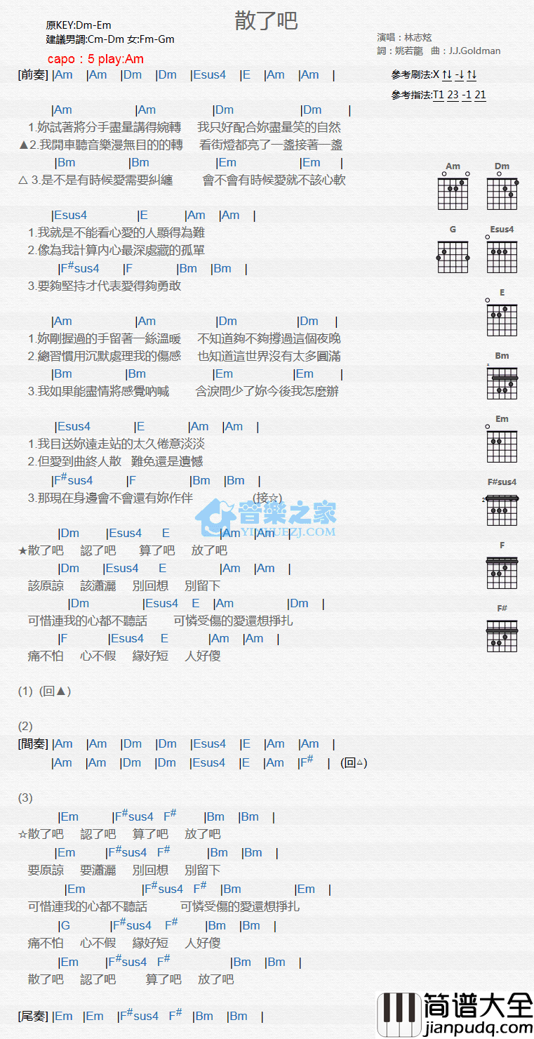 散了吧吉他谱_D调和弦谱_高清版_林志炫