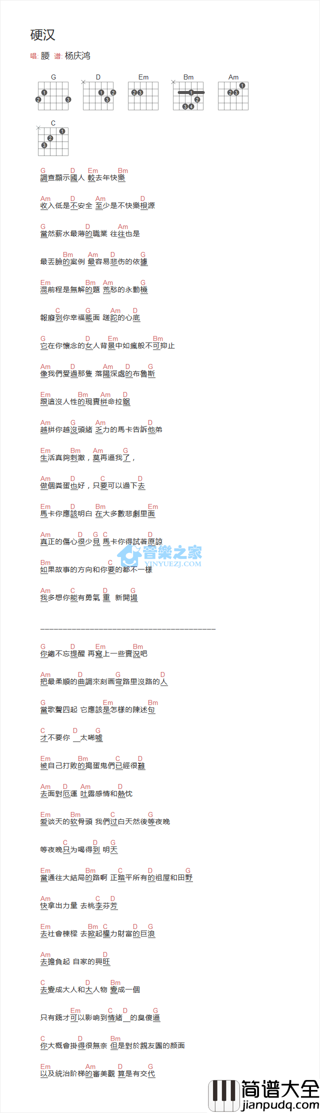 硬汉吉他谱_G调和弦谱_音乐之家编配_腰乐队