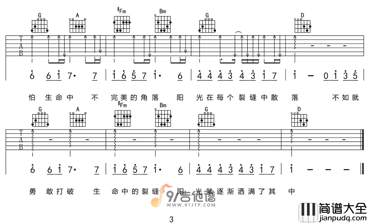 林俊杰_裂缝中的阳光_吉他谱_C调指法原版编配_民谣吉他弹唱六线谱