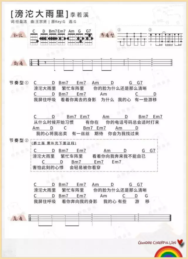 滂沱大雨里吉他谱_G调和弦谱_男生版_李若溪
