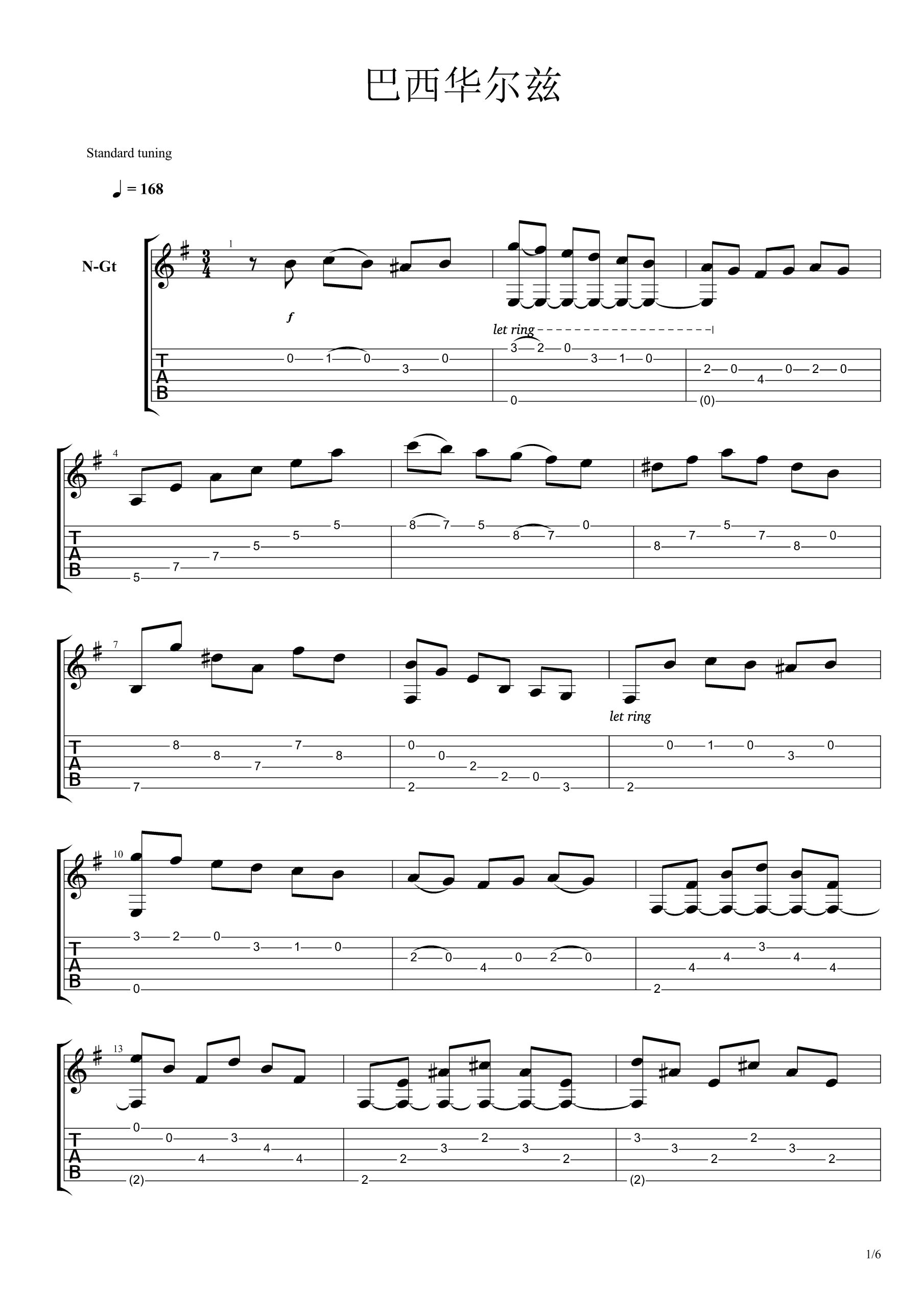 巴西华尔兹指弹谱_独奏六线谱_古典吉他指弹曲目