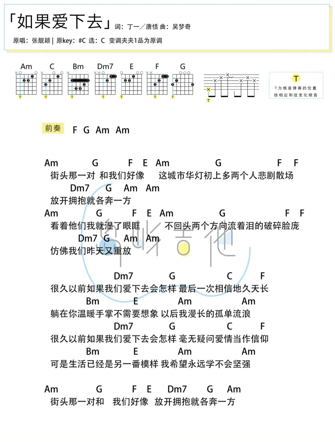 如果爱下去吉他谱_张靓颖_C调简易原版_弹唱图片谱
