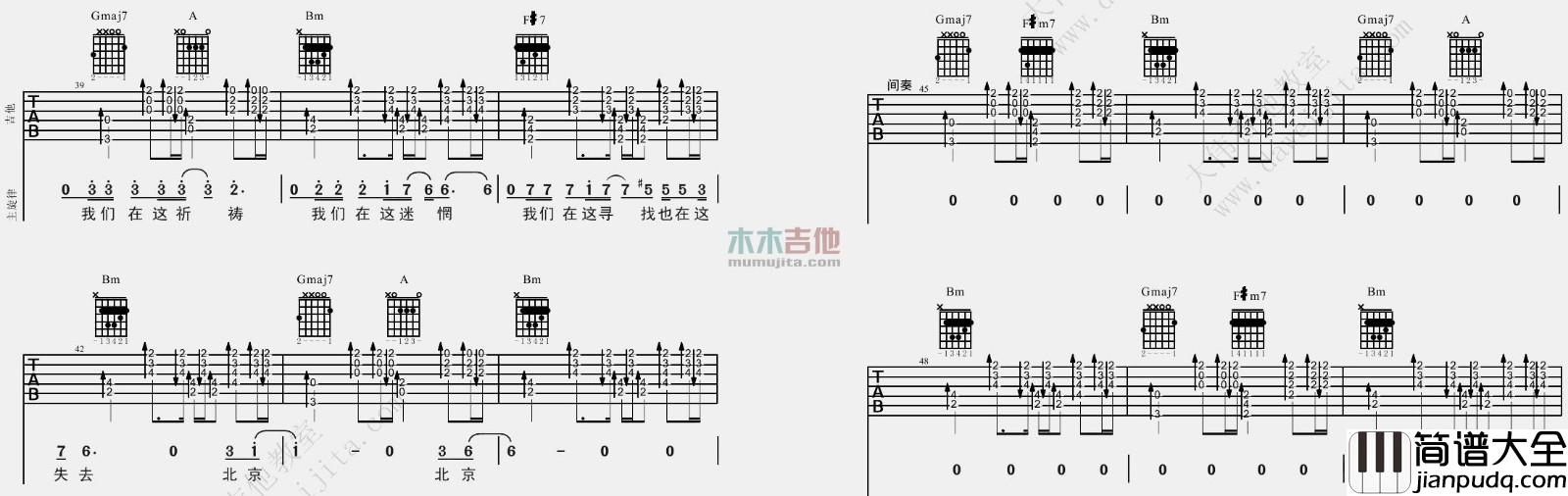 北京北京吉他谱_汪峰_D调原版六线谱_吉他弹唱谱