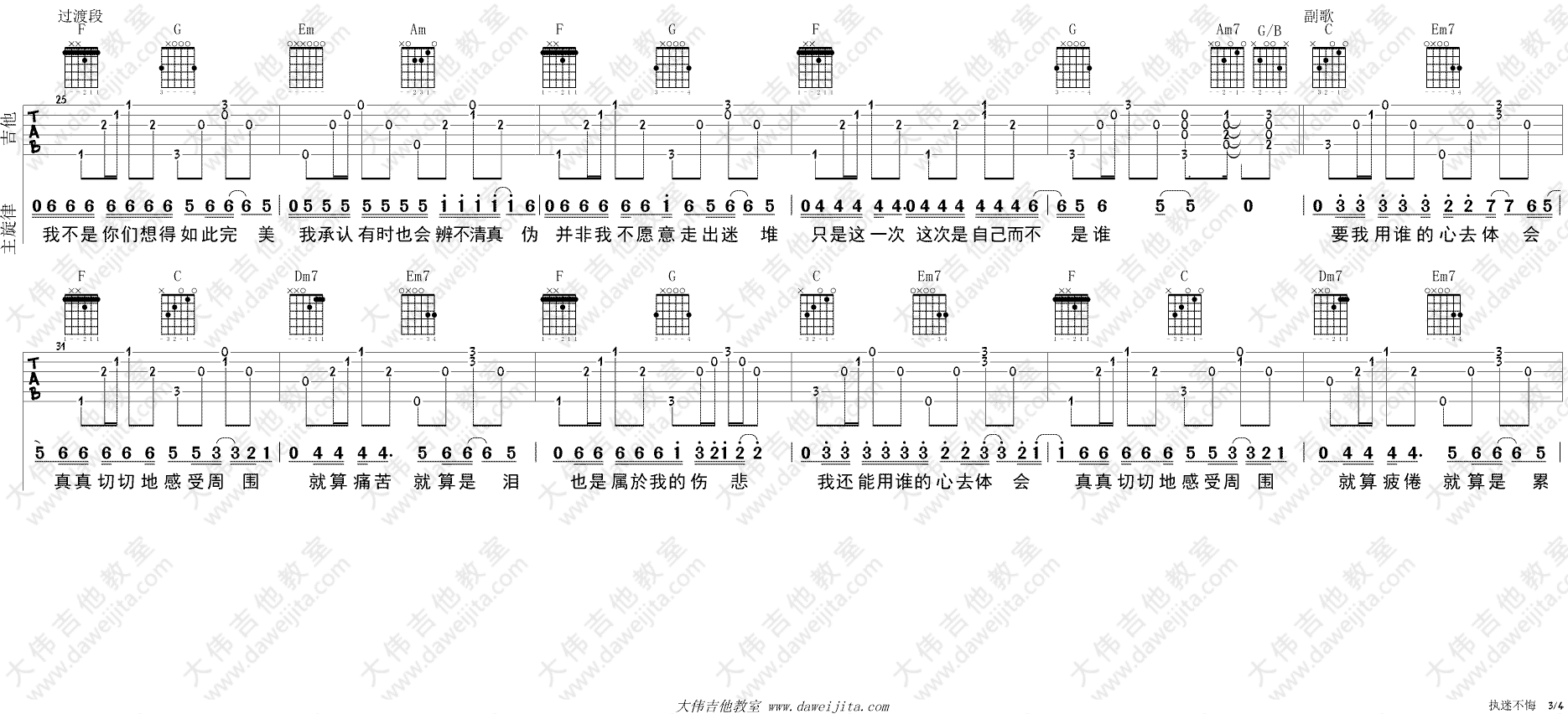 执迷不悔吉他谱_王菲_C调原版六线谱_吉他弹唱演示