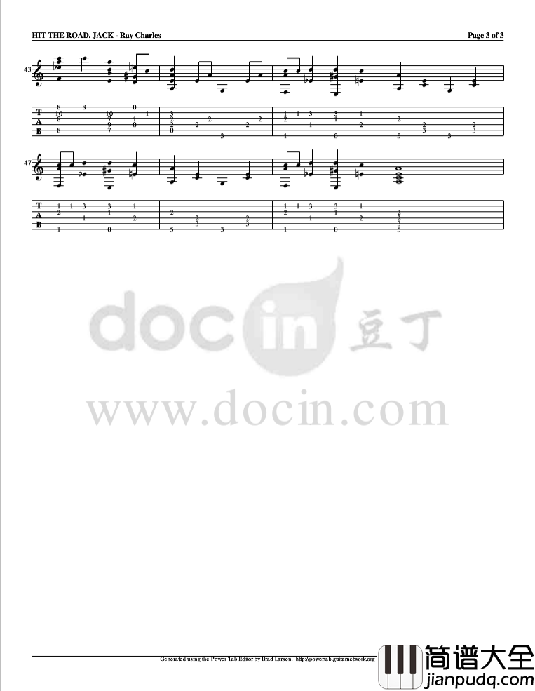 hit_the_road_jack吉他指弹谱_原调六线谱_豆丁网编配_Ray_Charles