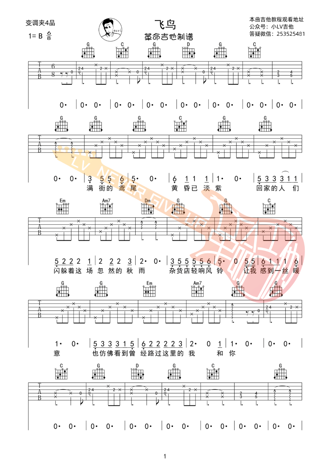 飞鸟吉他谱_汪峰_G调指法原版六线谱_吉他弹唱教学