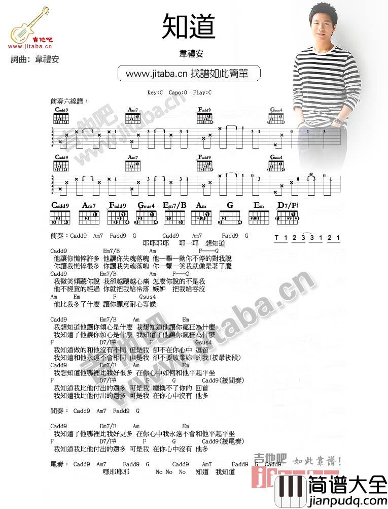 知道吉他谱_C调简单版_吉他吧编配_韦礼安