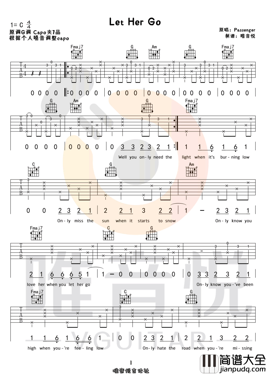 Let_Her_Go吉他谱_Passenger_C调原版