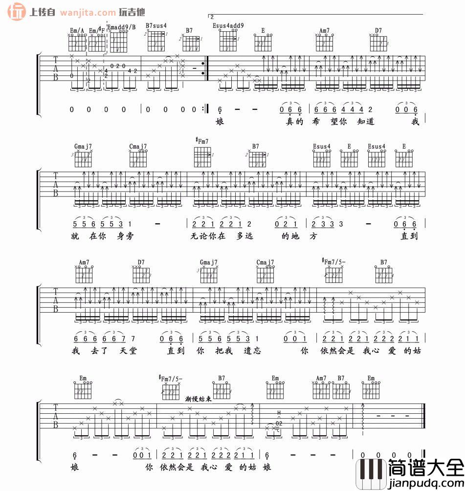 你是我心爱的姑娘(吉他谱)_E调原版六线谱_吉他弹唱谱_汪峰
