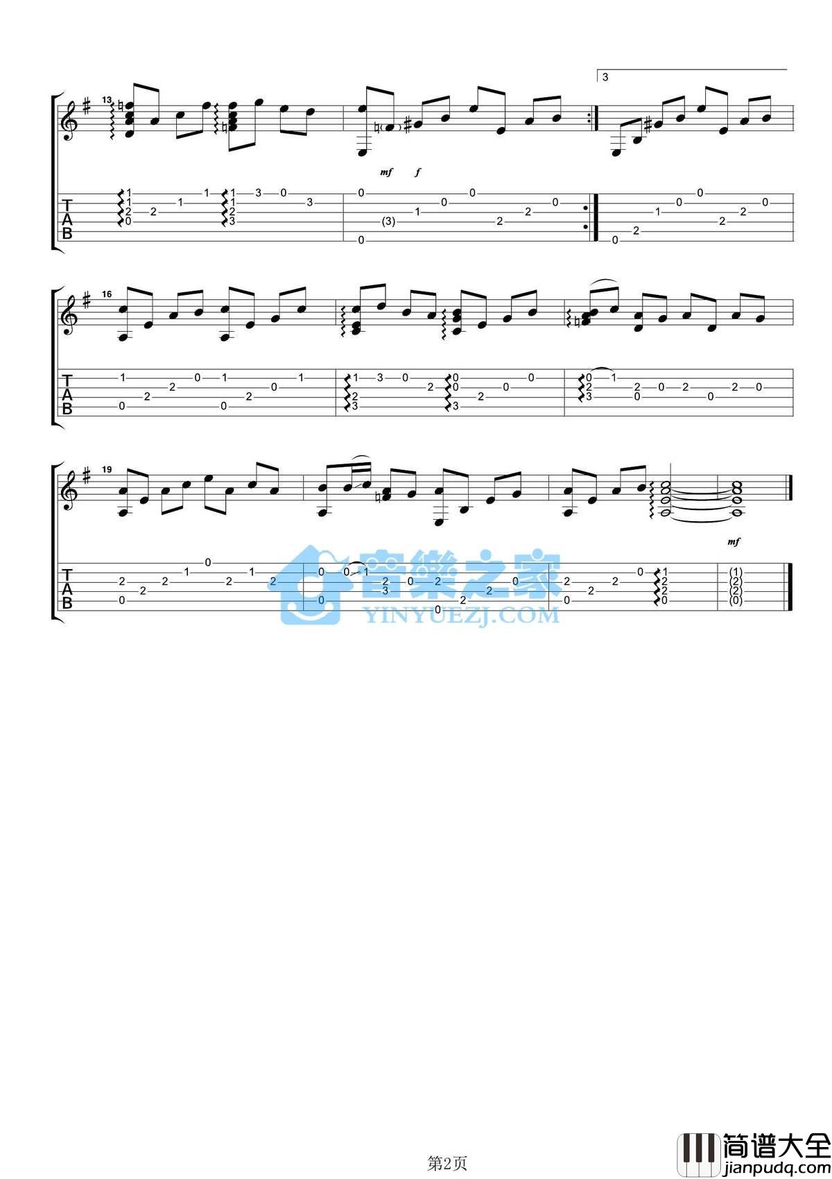神秘园之歌指弹谱_原调六线谱_音乐之家编配_Bandari