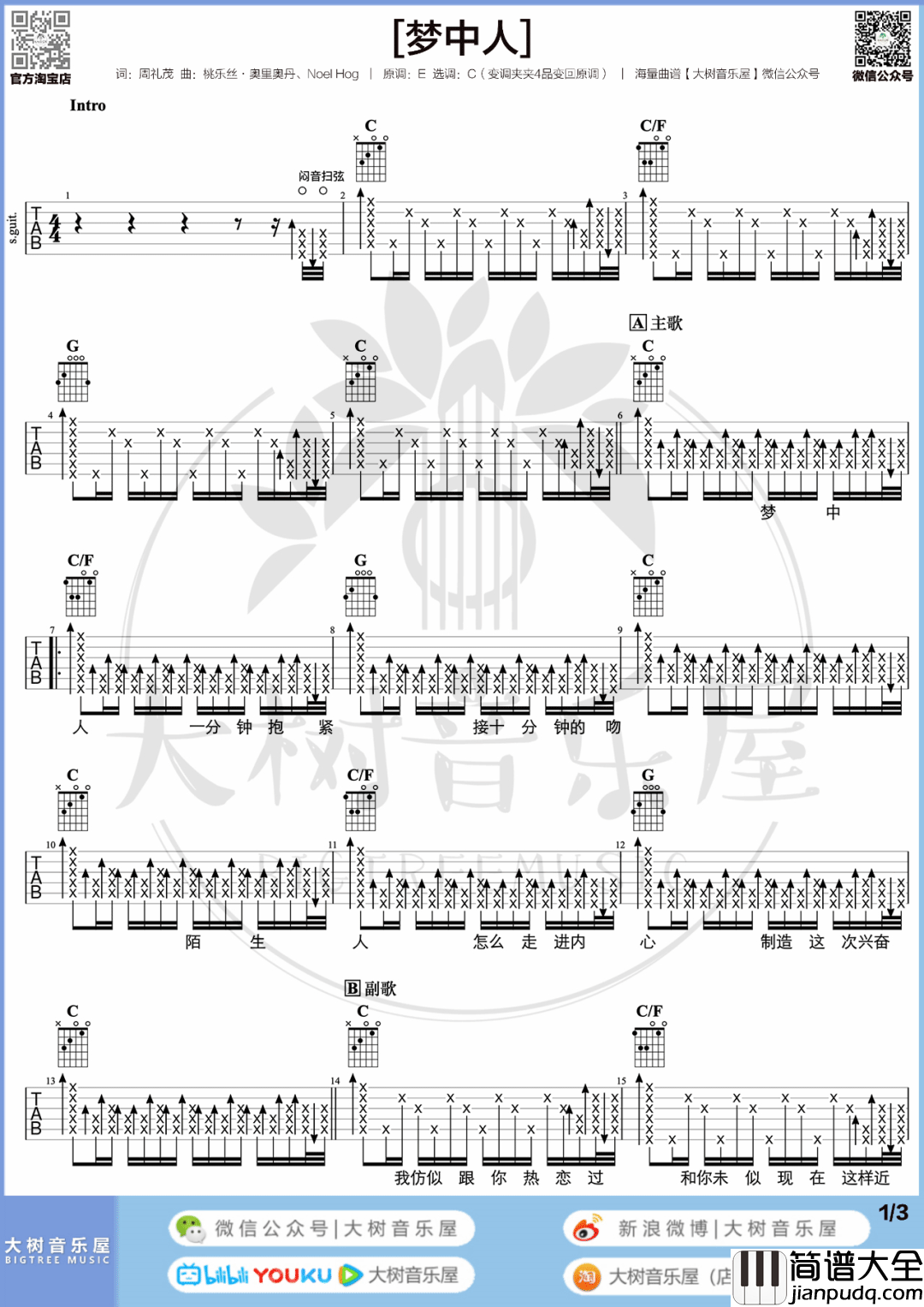 梦中人吉他谱_王菲_C调超嗨版六线谱/和弦谱_吉他弹唱教学